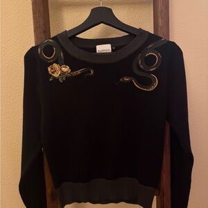 Black Sweater with Floral and Snake Embroidery